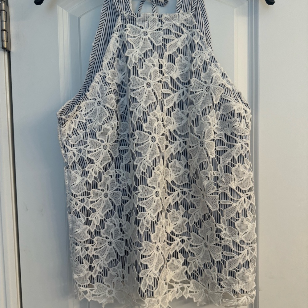 NWT Size small striped top with white lace flower overlay